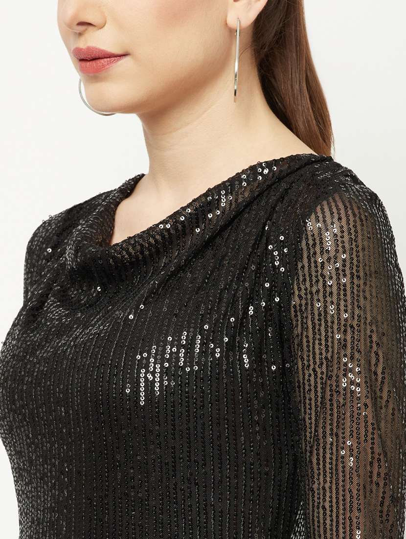 women black sequin cotton blend regular top - 20294883 -  Standard Image - 4
