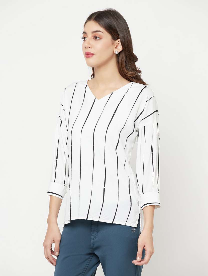 Women Striped White Viscose Top - 20294929 -  Standard Image - 1