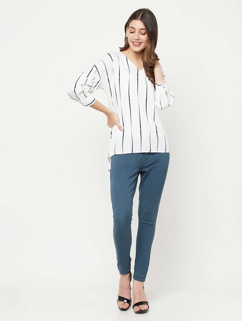Women Striped White Viscose Top - 20294929 -  Standard Image - 4