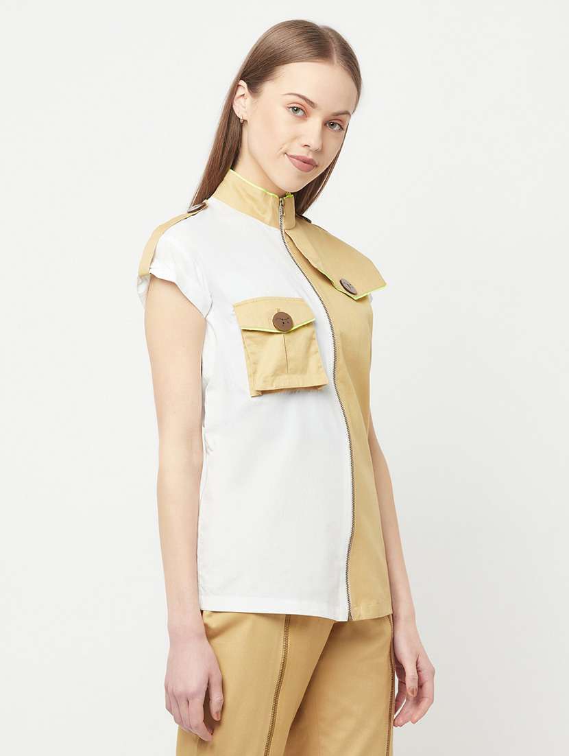 high neck color block regular top