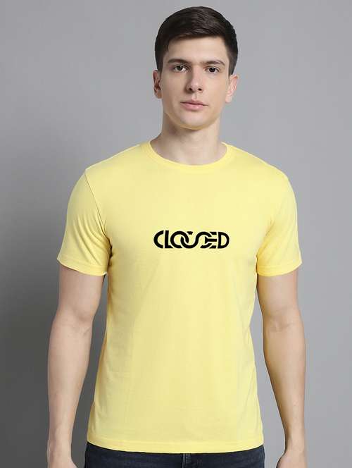 men light yellow cotton chest print t-shirt - 20295678 -  Standard Image - 0