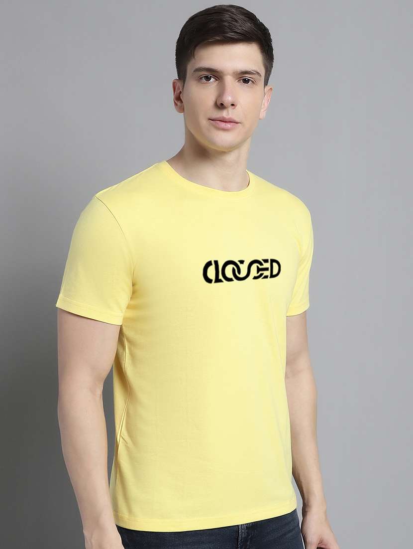 men light yellow cotton chest print t-shirt - 20295678 -  Standard Image - 1