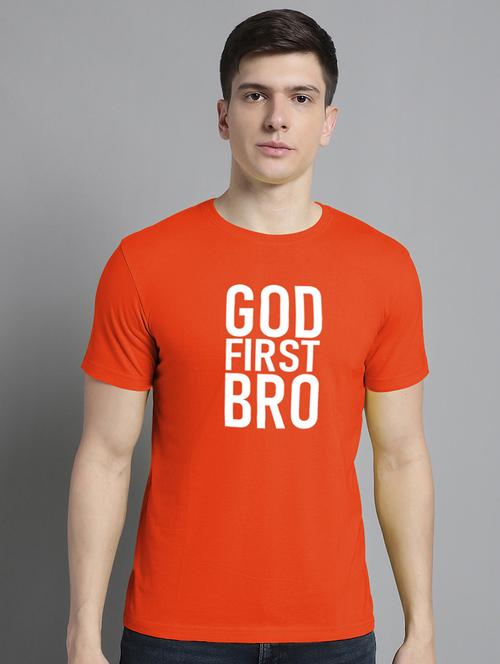 men orange cotton chest print t-shirt - 20295714 - Standard Image - 0