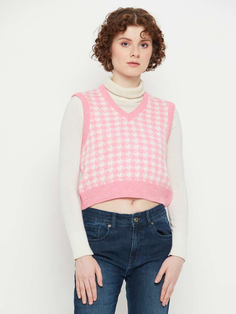women v- neck houndstooth regular pullover
