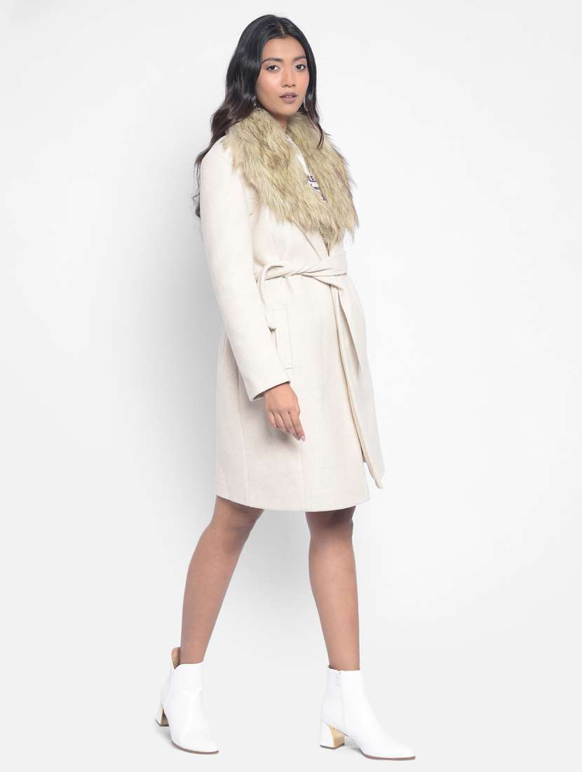 women beige solid wrap fur coat - 20295949 -  Standard Image - 1