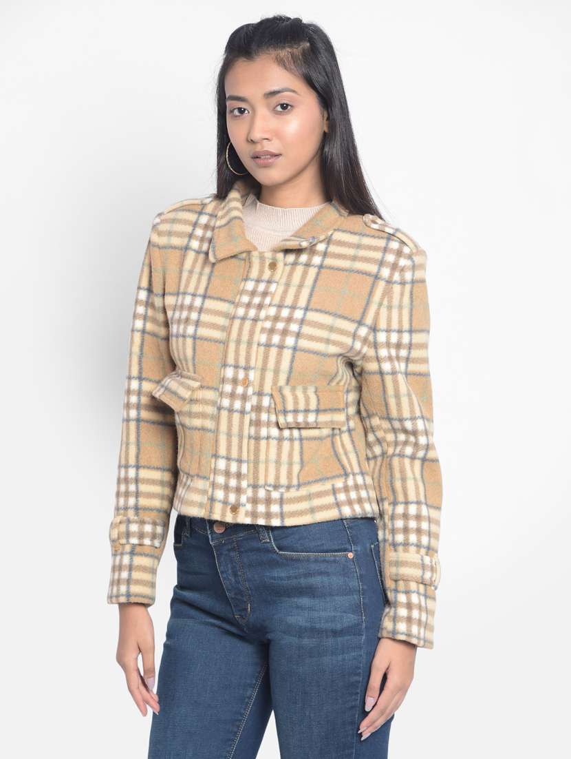 women multi color checkered polyester regular jacket