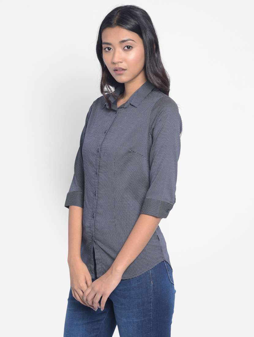 women grey mini checkered cotton blend regular shirt - 20296122 -  Standard Image - 1