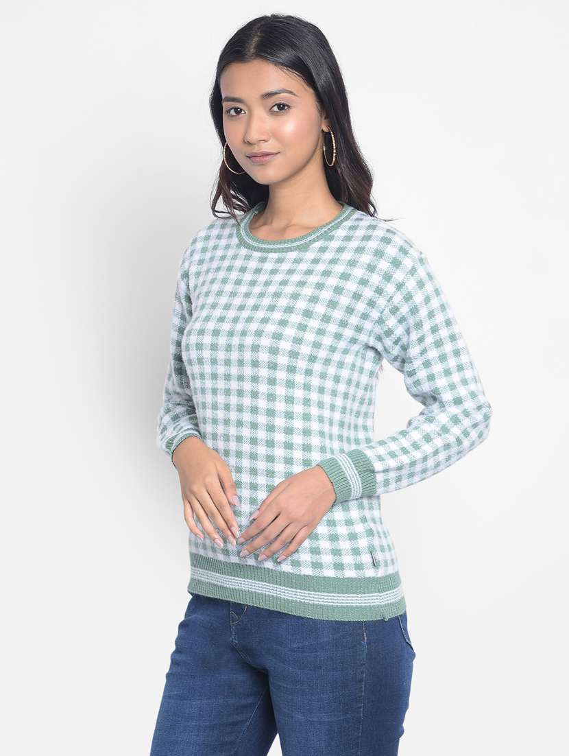 women green checkered viscose pullover - 20296139 -  Standard Image - 1