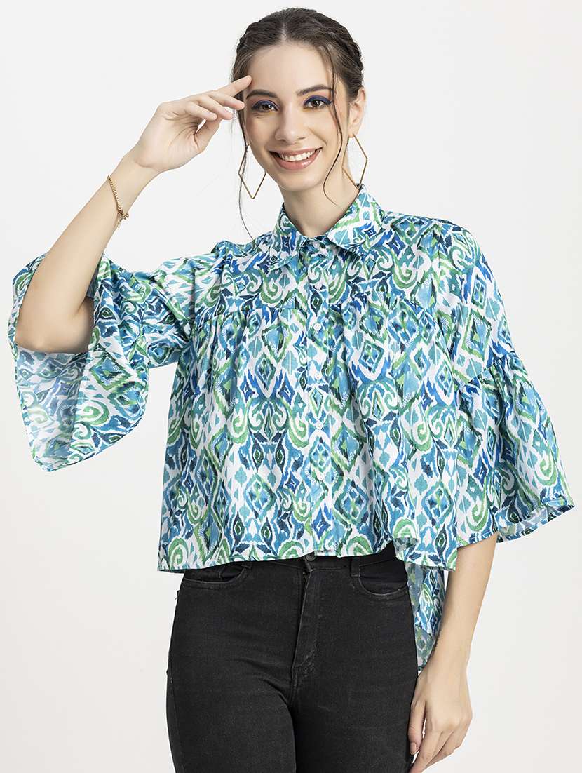 women blue printed high low top