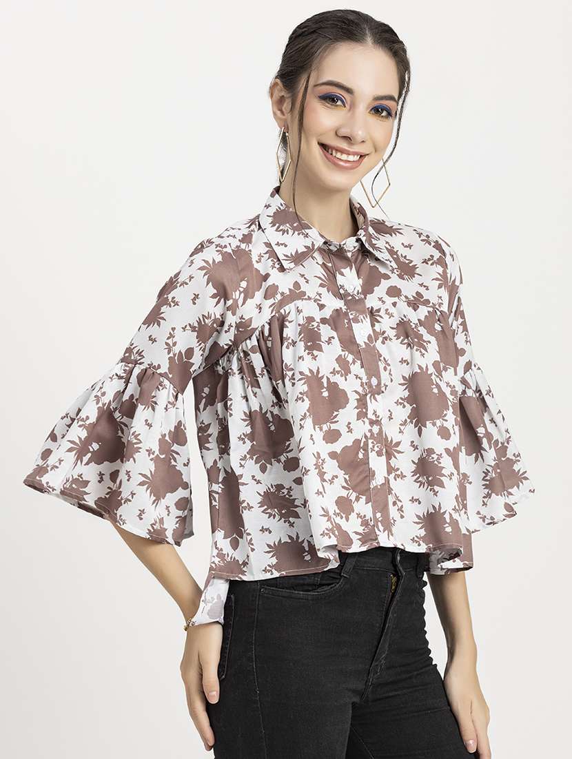 women printed collared high low top - 20296755 -  Standard Image - 1