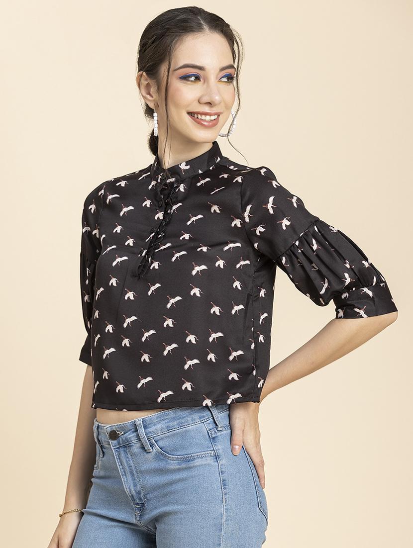 women's crop mandarin neck top - 20296776 -  Standard Image - 1