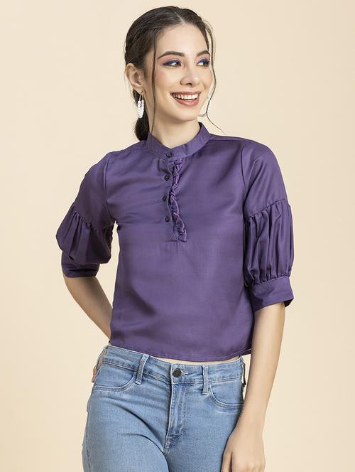 women's crop mandarin neck top - 20296780 -  Standard Image - 0