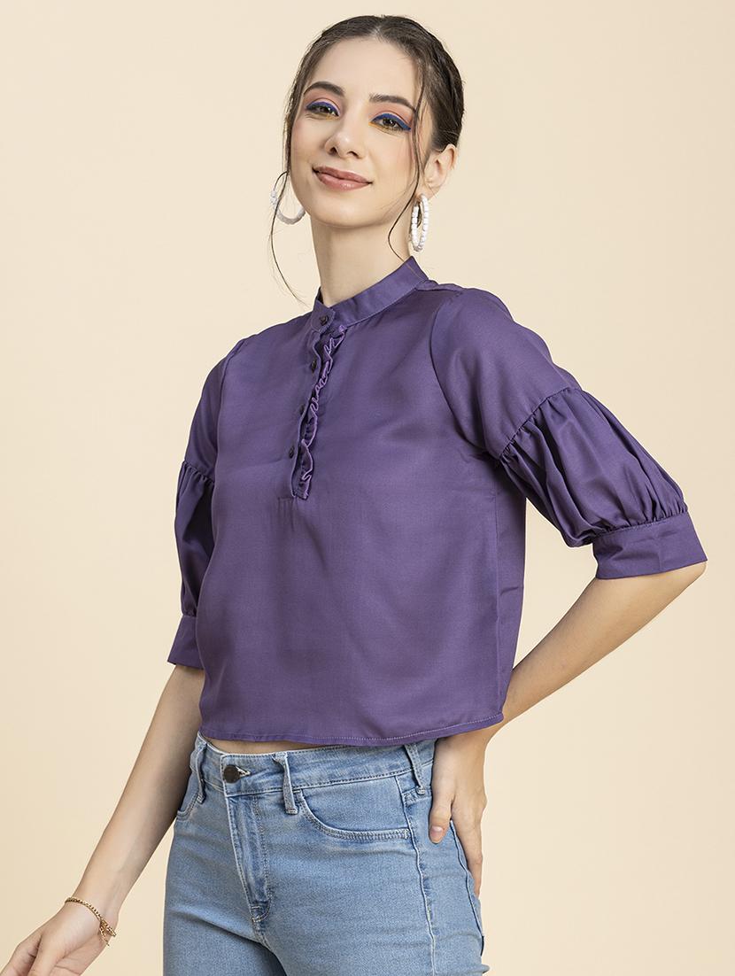 women's crop mandarin neck top - 20296780 -  Standard Image - 1