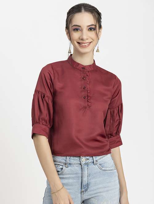 women's crop mandarin neck top - 20296781 - Standard Image - 0