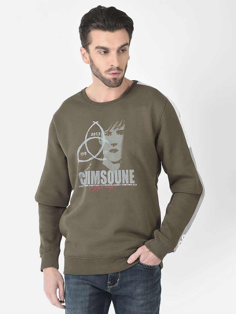 men khaki graphic printed cotton blend sweatshirt