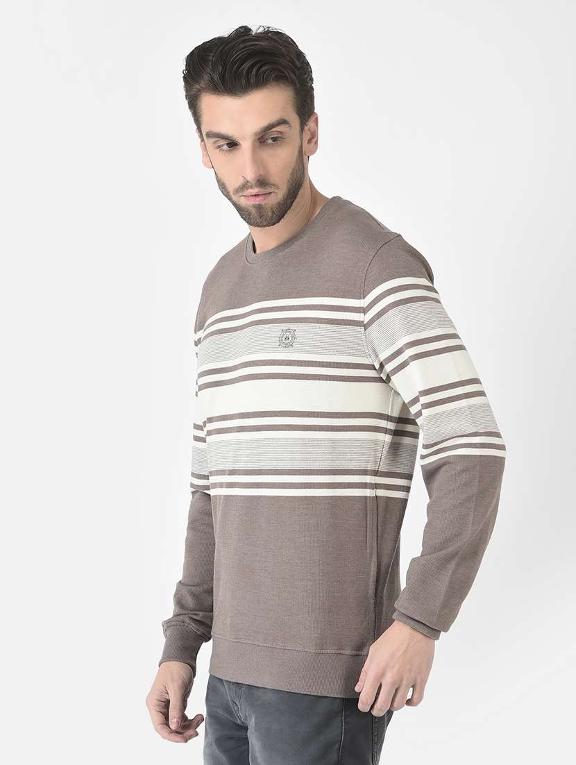 men brown stripes cotton blend regular sweatshirt - 20298534 -  Standard Image - 1