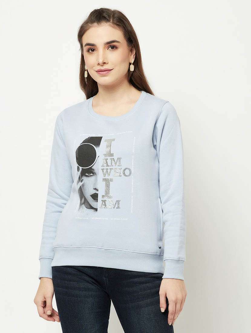women light blue graphic print cotton blend regular sweatshirt