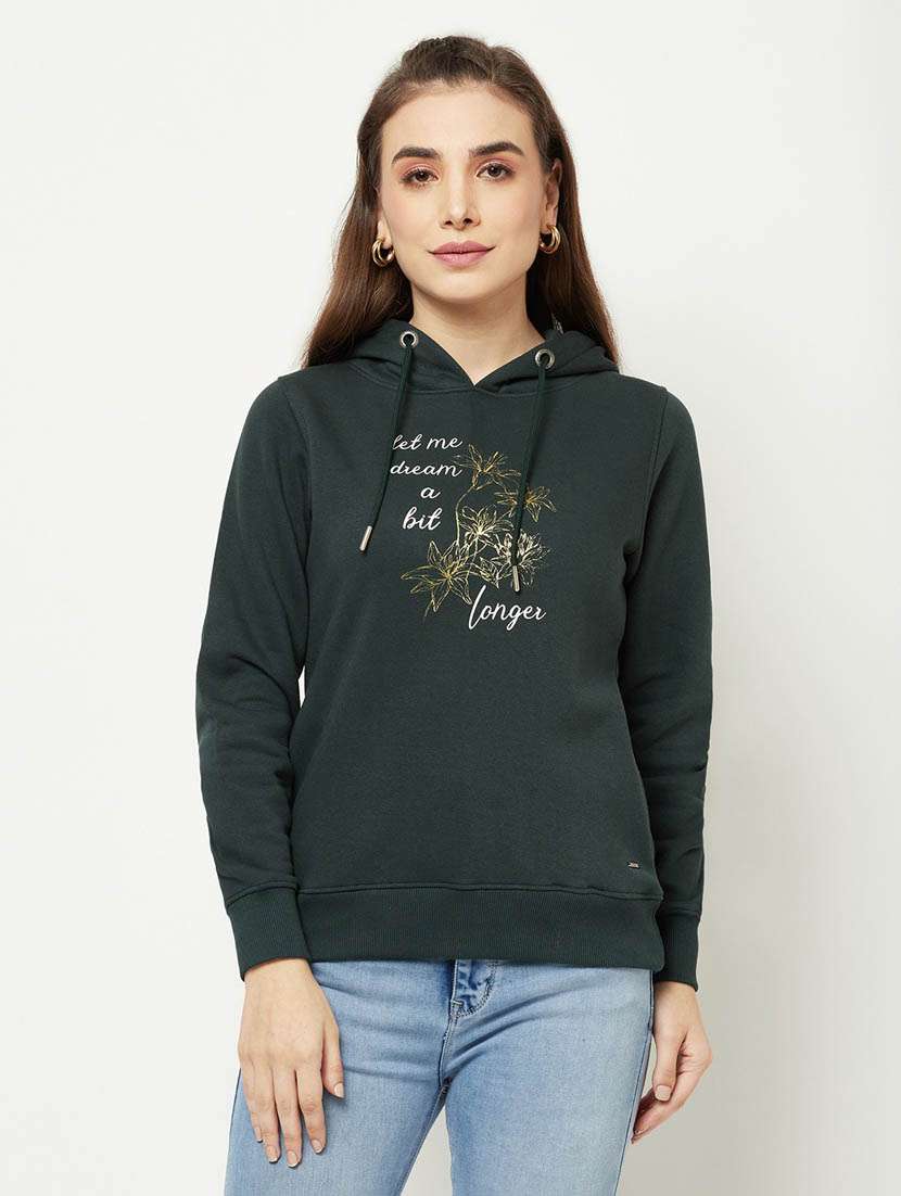 women bottle green printed cotton blend regular sweatshirt
