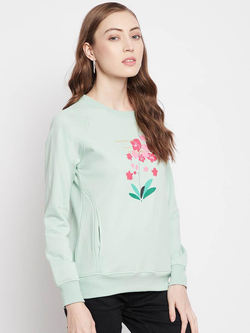 women light green printed cotton blend regular sweatshirt - 20298766 - Standard Image - 1