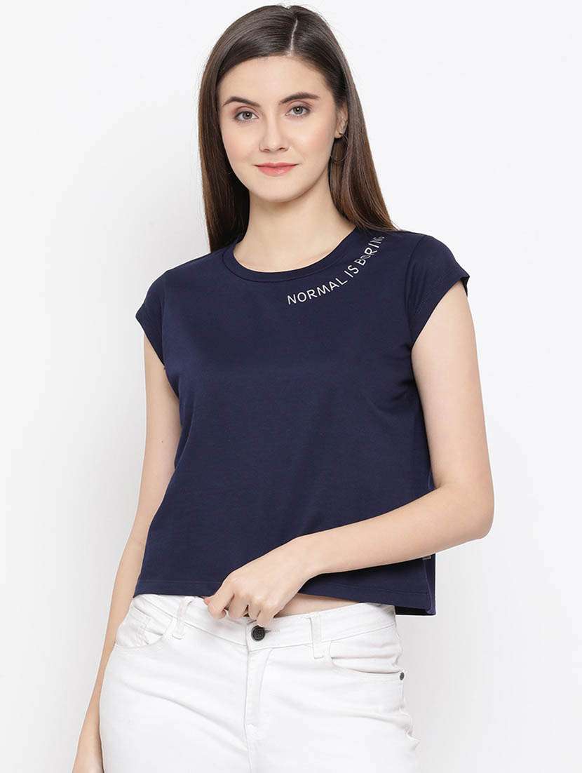 navy blue typography crop t-shirt - 20298836 -  Zoom Image - 0