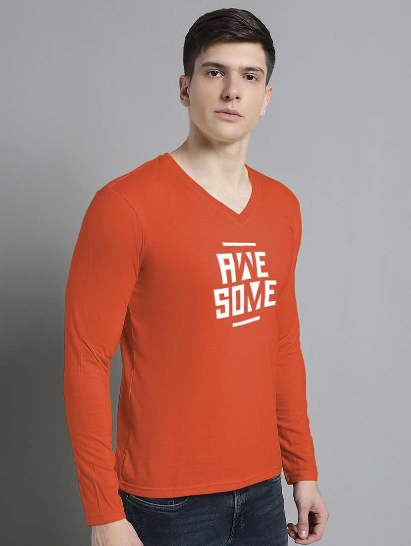 men orange cotton chest print t-shirt - 20299027 - Standard Image - 1