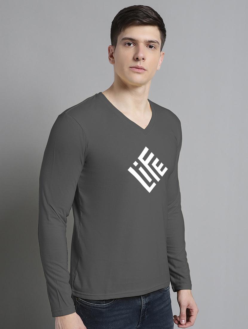 men typography print grey long sleeves cotton t-shirt - 20299117 -  Standard Image - 1