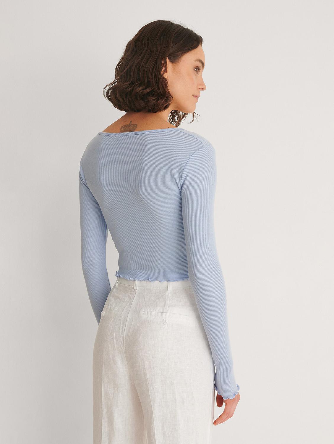 light blue solid long sleeves crop top - 20299323 - Standard Image - 1