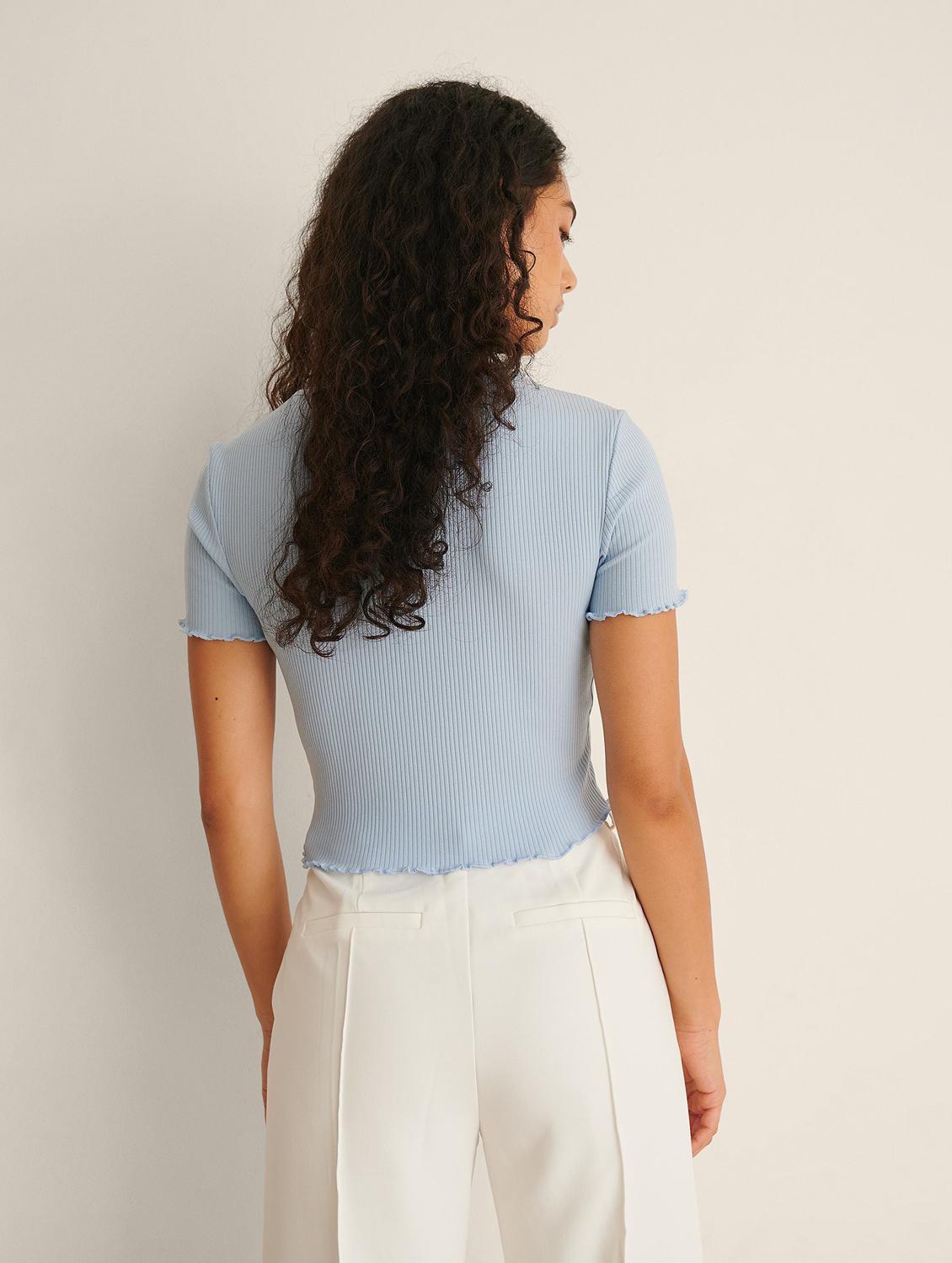 light blue solid short sleeves crop top - 20299327 - Standard Image - 1