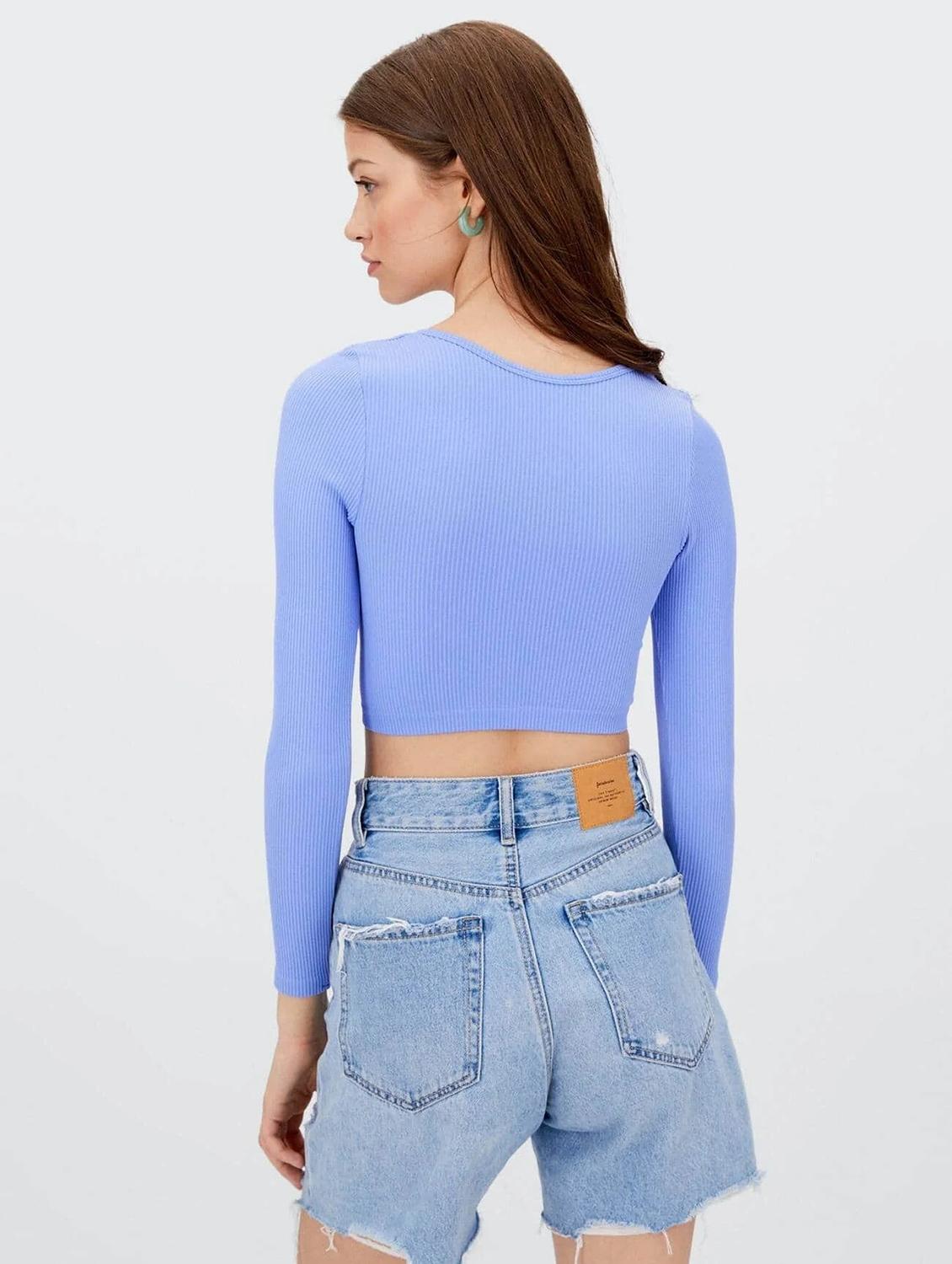 light blue solid long sleeves crop top - 20299493 -  Standard Image - 1