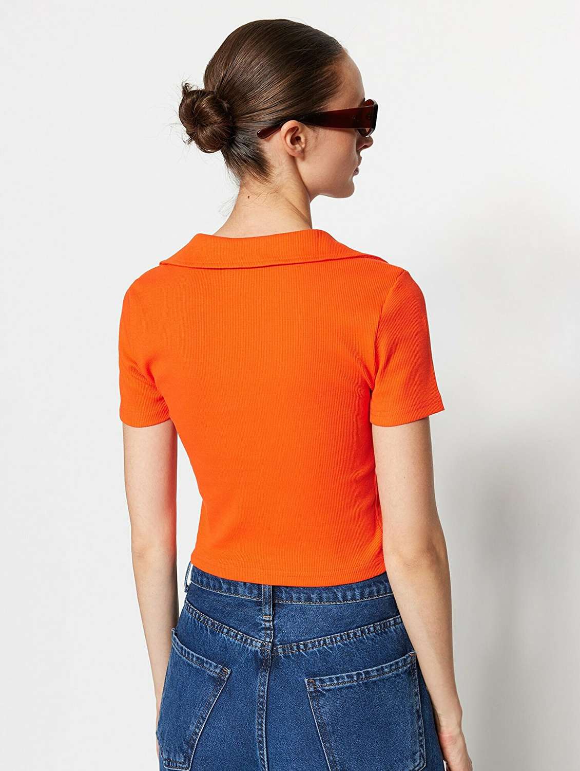 orange solid polo neck crop top - 20299521 -  Standard Image - 1