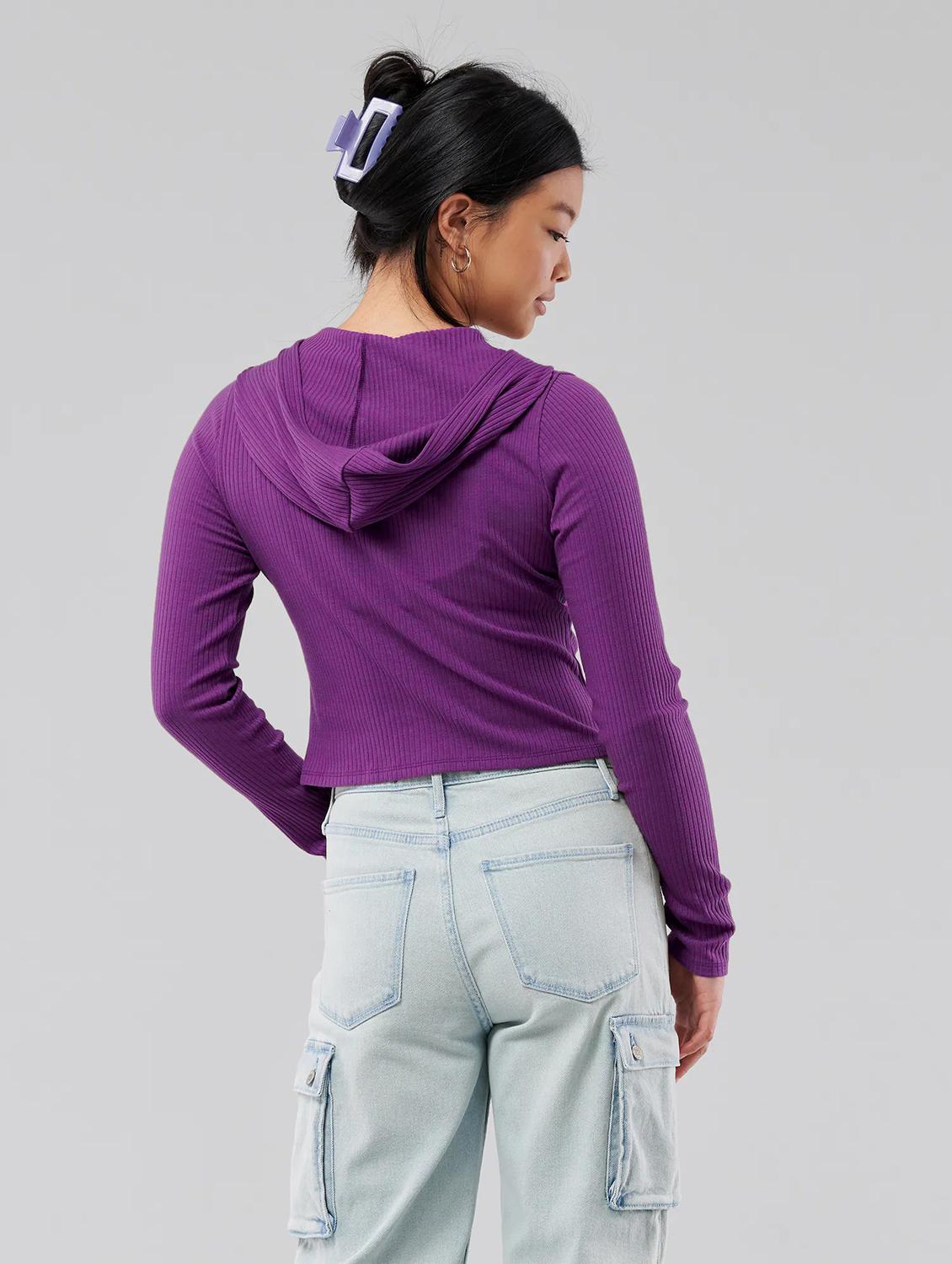 purple solid hooded nwck long sleeves top - 20299550 -  Standard Image - 1