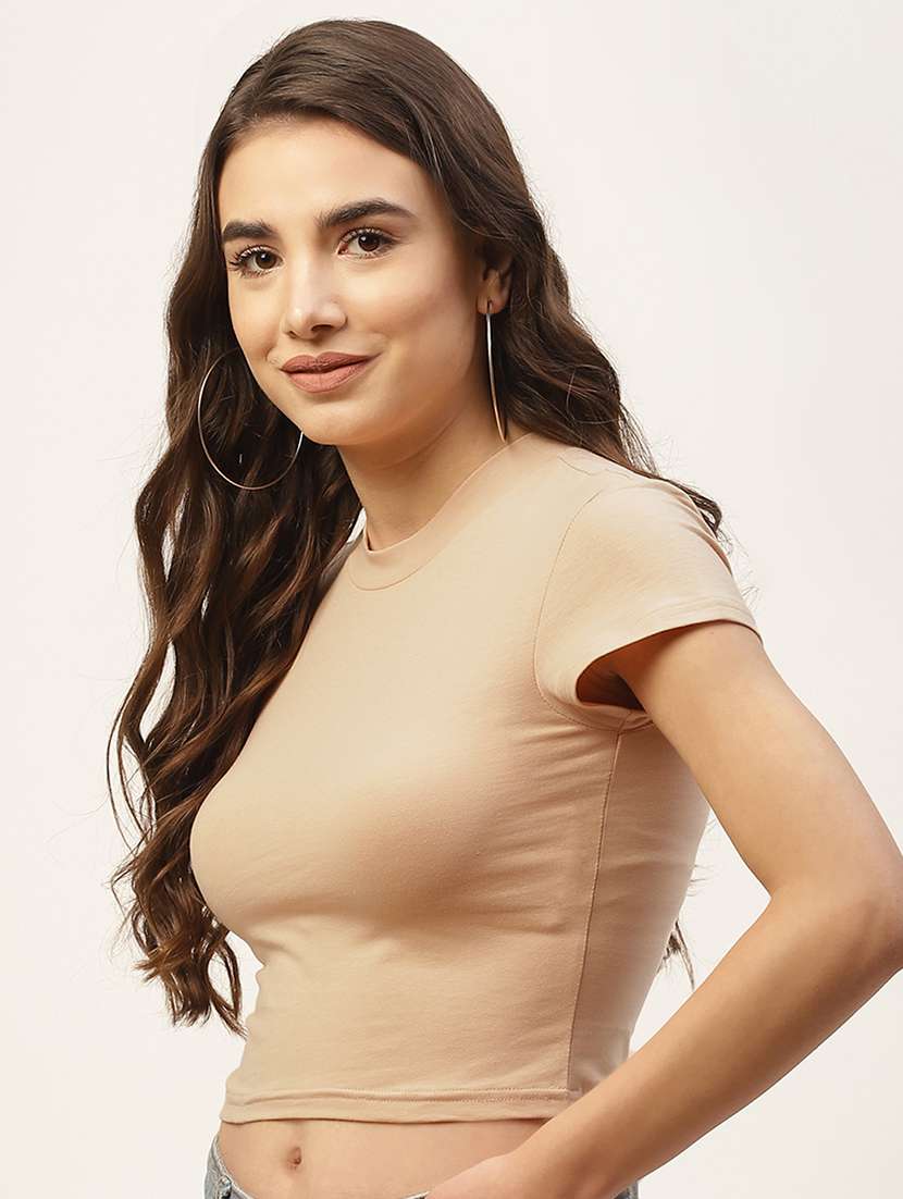 women round neck solid crop top - 20300230 -  Standard Image - 1