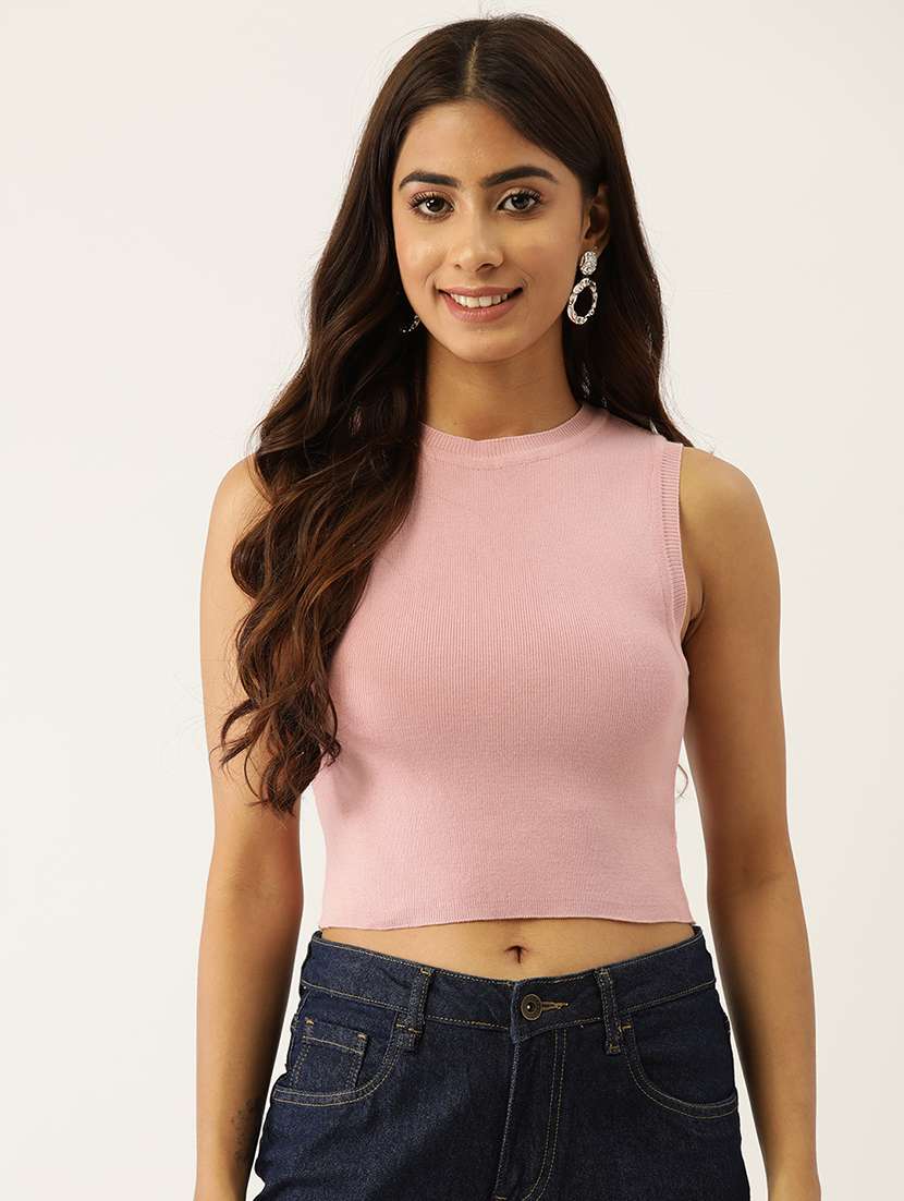 women round neck solid crop top