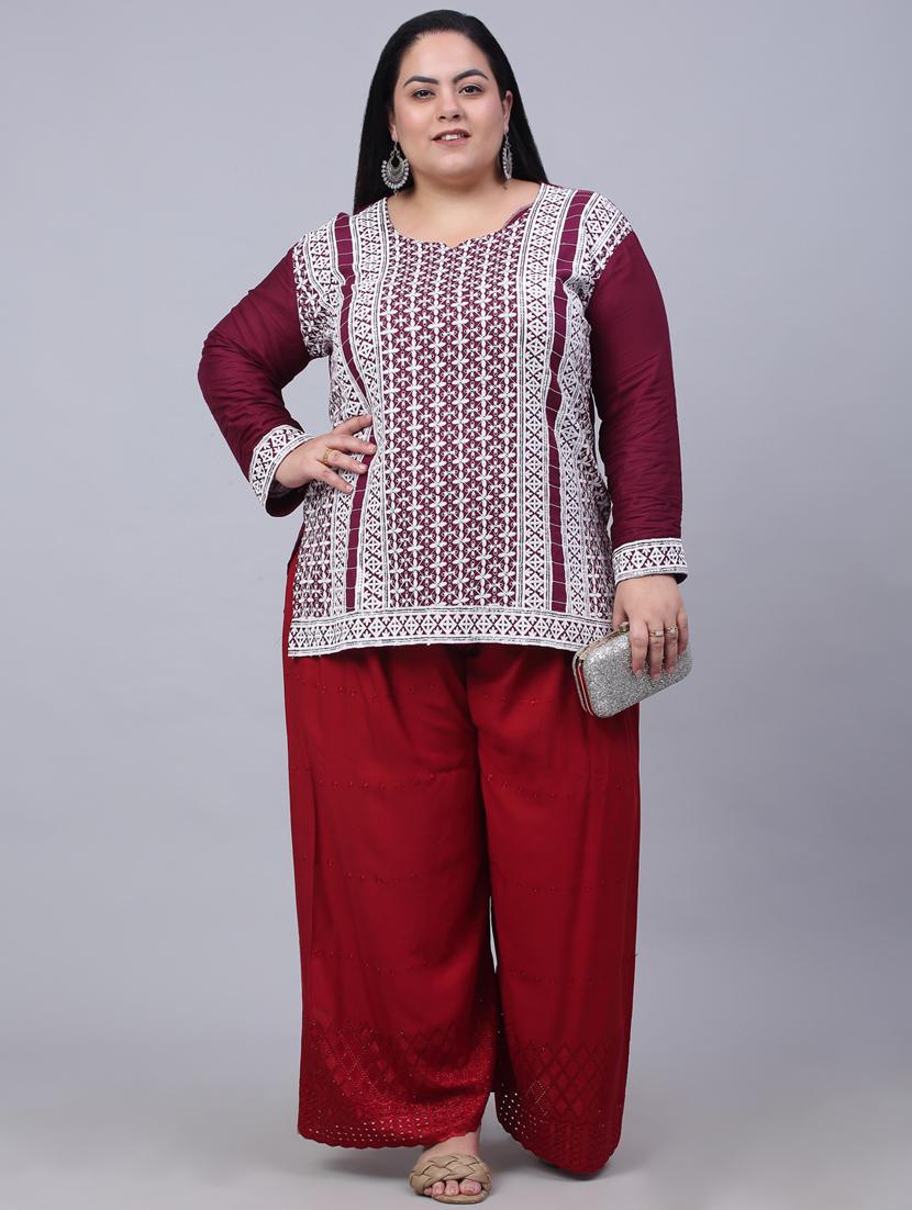 red solid with work palazzo - 20300638 - Standard Image - 4