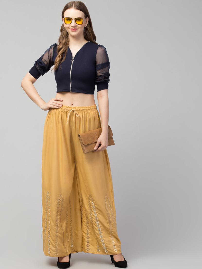 tan solid with work palazzo - 20300707 - Standard Image - 4