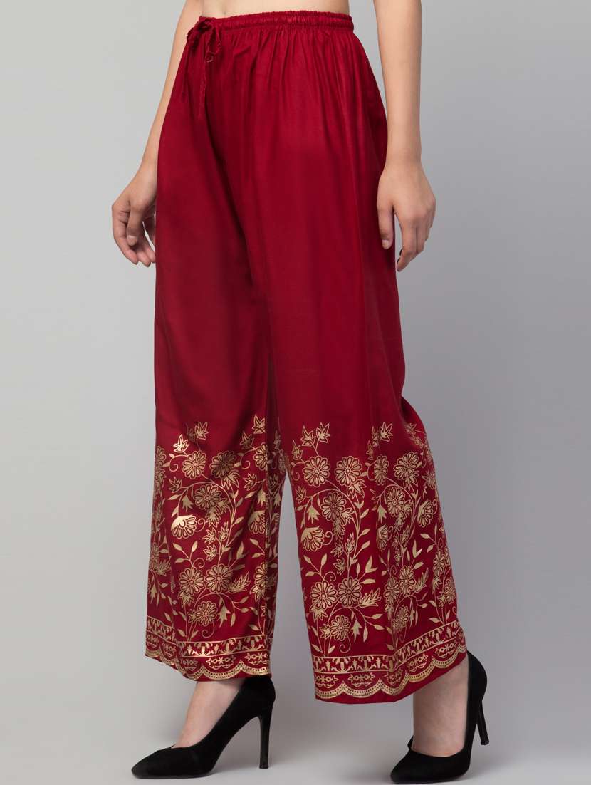 maroon bottom placement print palazzo - 20300754 -  Standard Image - 1