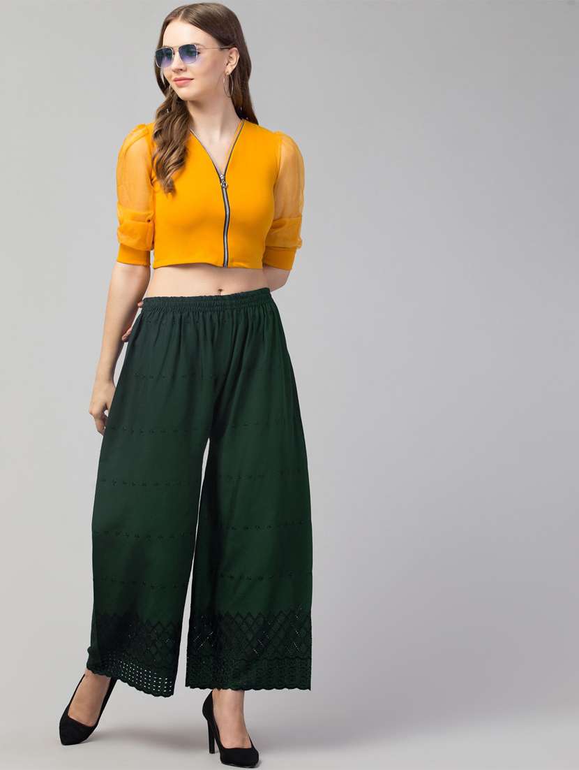 bottle green solid with work palazzo - 20300782 -  Standard Image - 4