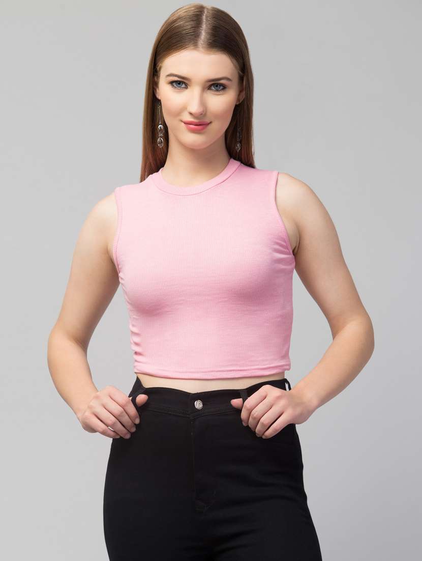crew neck solid crop top