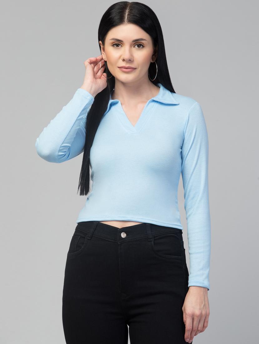 light blue solid shirt collar crop top - 20301358 - Zoom Image - 0