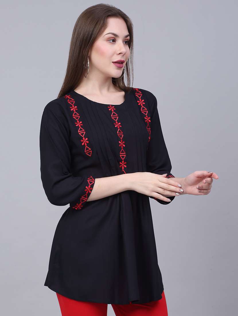 navy blue floral embroidred a-line tunic - 20301369 -  Standard Image - 1