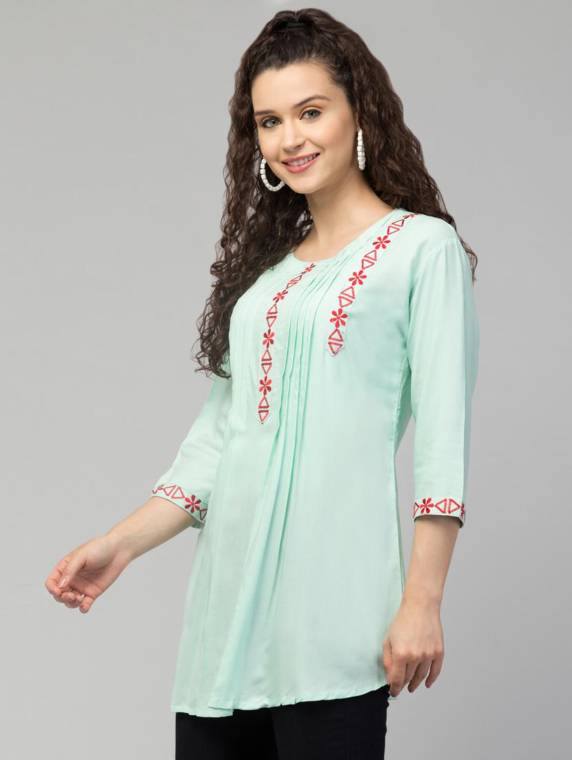light blue floral embroidred a-line tunic - 20301372 - Standard Image - 1