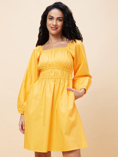 women yellow cotton fit & flare dress - 20301526 -  Standard Image - 0