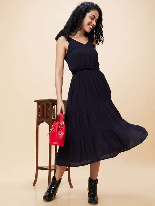 women navy blue viscose fit & flare dress - 20301528 -  Standard Image - 0