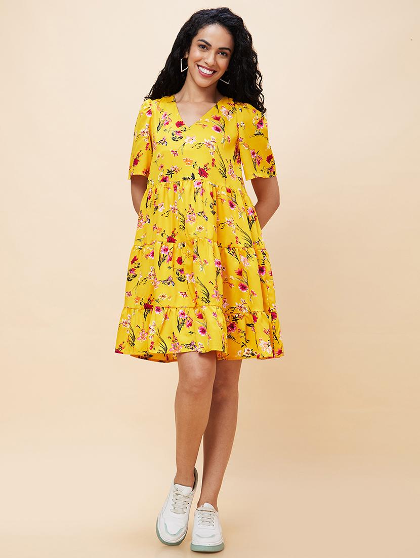 women yellow polyester tiered dress - 20301531 - Standard Image - 4