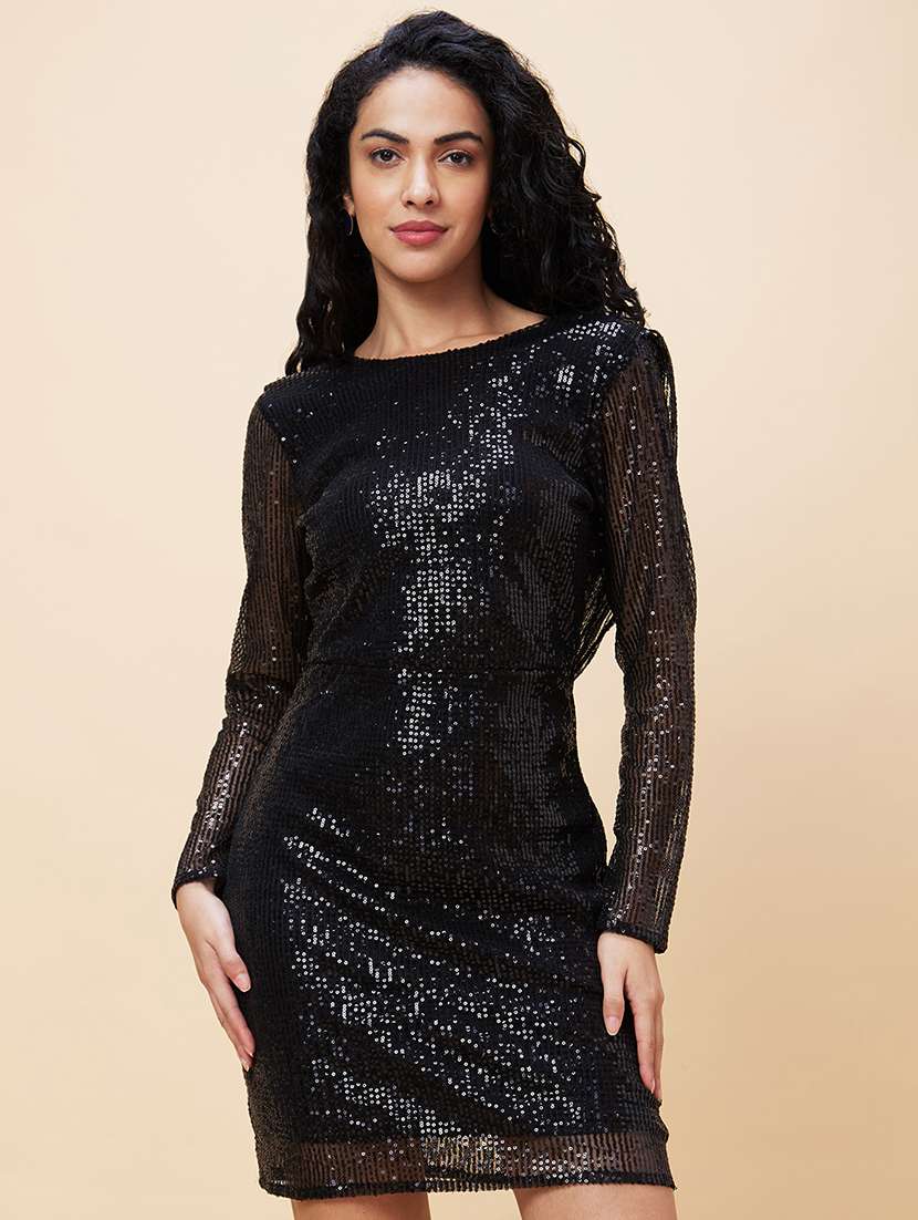 globus women black boat neck long sleeves sequinned sheath party dress