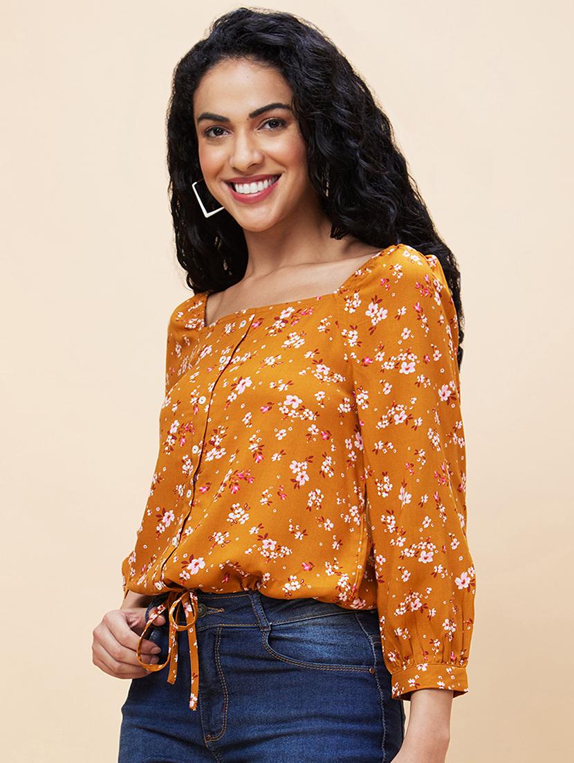 women mustard viscose regular top - 20301548 - Standard Image - 1