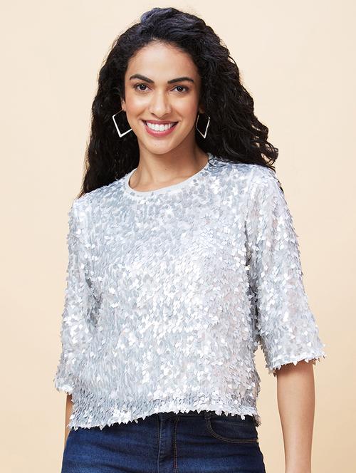 women silver polyester regular top - 20301556 - Standard Image - 0