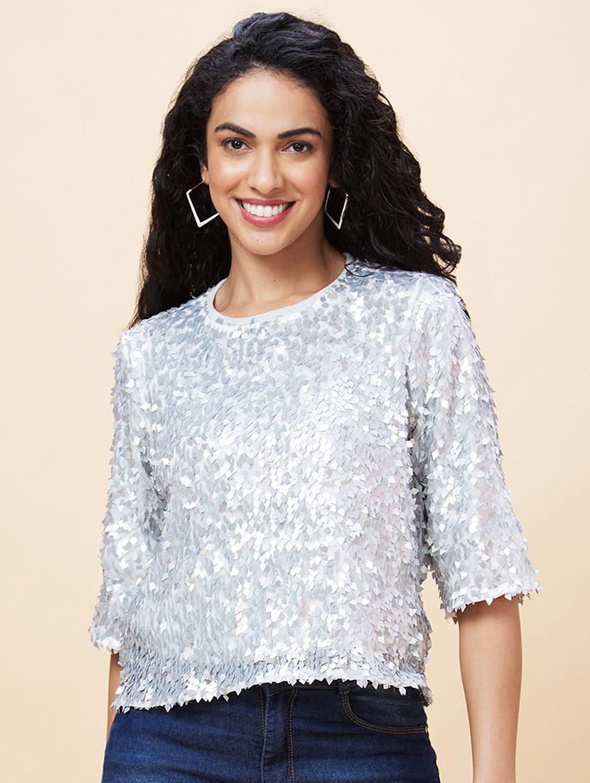 women silver polyester regular top