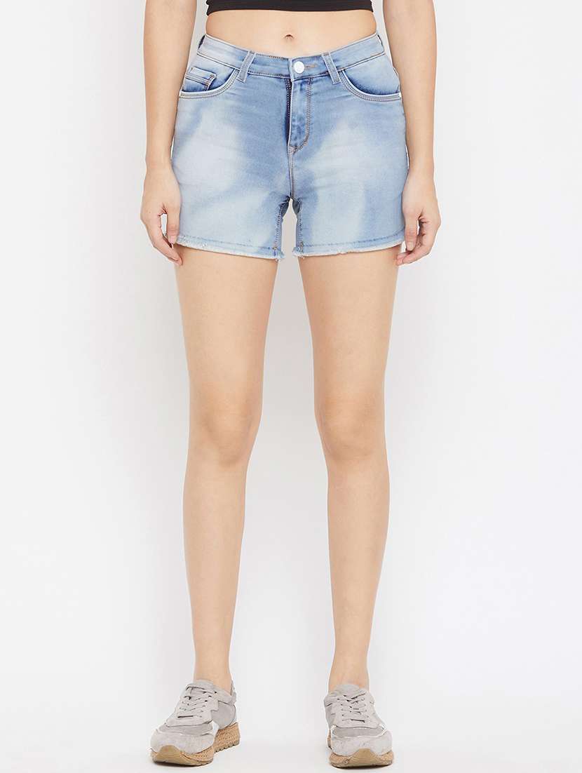 blue solid denim shorts