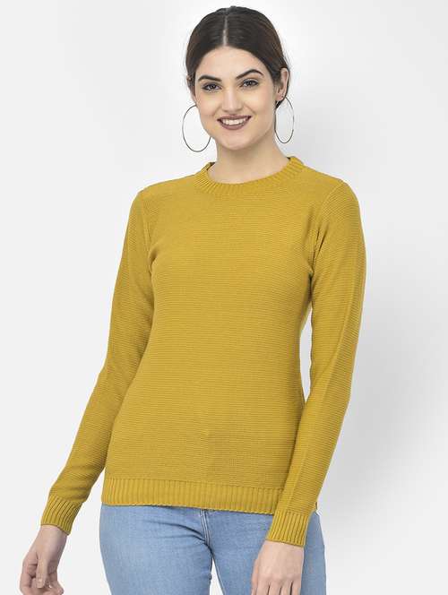women yellow self design long sleeve pullover - 20301934 - Standard Image - 0